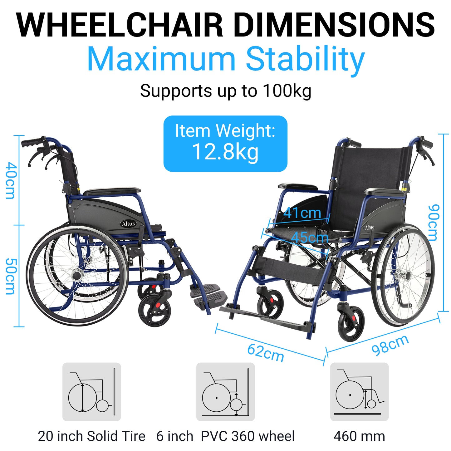 It features 20-inch solid rear tyres and 6-inch 360° swivel front wheels for stability.With a maximum weight capacity of 100kg and weighing just 12.8kg, it’s easy to manoeuvre.