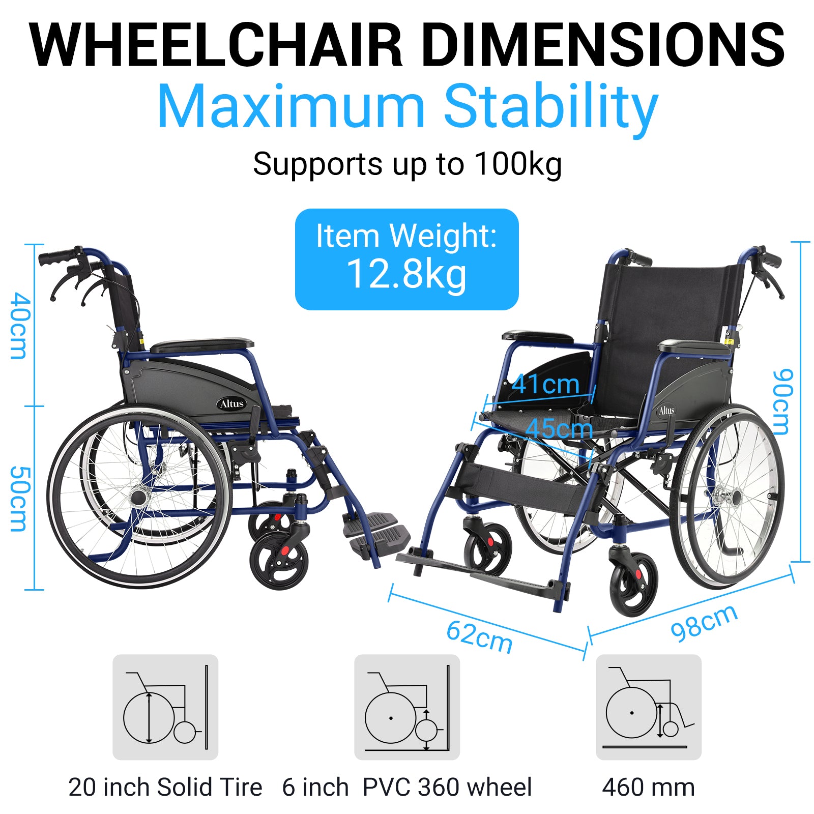 It features 20-inch solid rear tyres and 6-inch 360° swivel front wheels for stability.With a maximum weight capacity of 100kg and weighing just 12.8kg, it’s easy to manoeuvre.