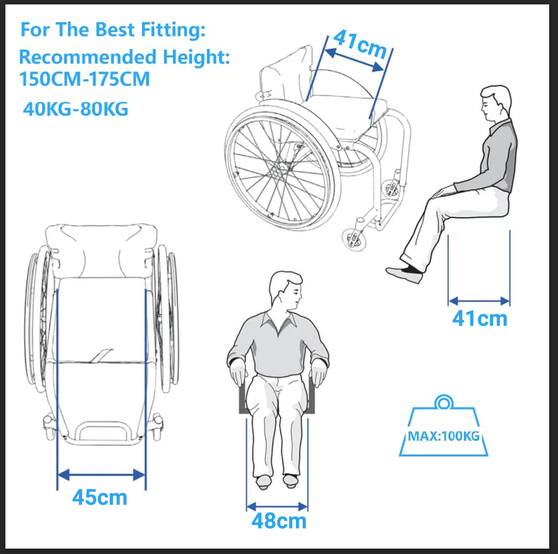 Ergonomically designed for users 150–175cm tall and weighing 40–80kg.The wheelchair ensures a comfortable fit, promoting natural posture and ease of movement.