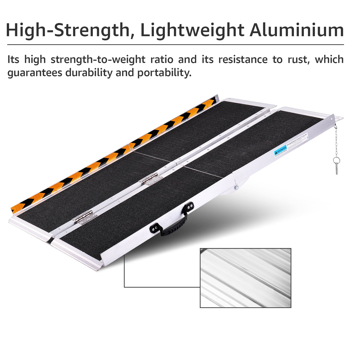 This high-strength wheelchair ramp is made of lightweight aluminum, offering superior durability, rust resistance, and easy portability.