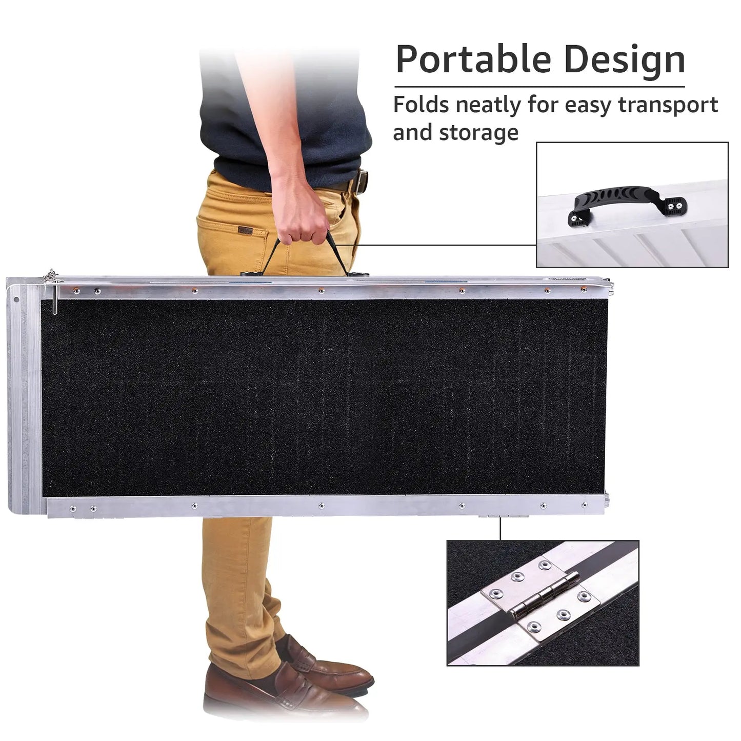 Man carrying folded Altus Portable Wheelchair Ramp, highlighting the ease of transport with a portable design.