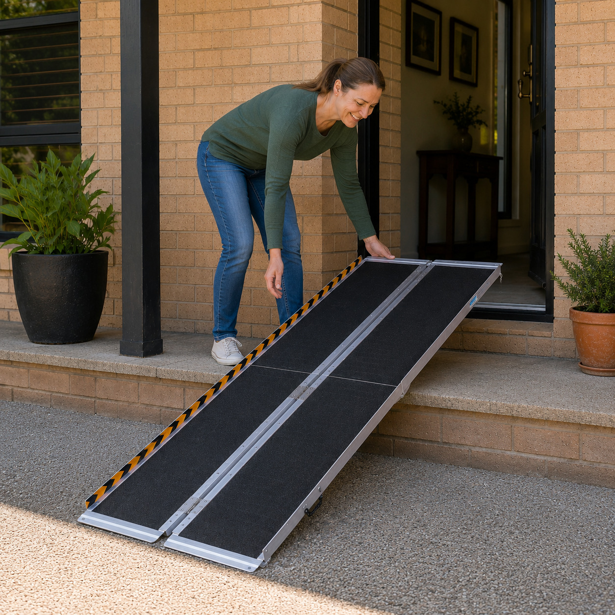 "Home Step Entrance Scene
Portable aluminum folding scooter ramp set up on residential entrance stone steps to bridge the height gap for easy wheelchair access into the house"