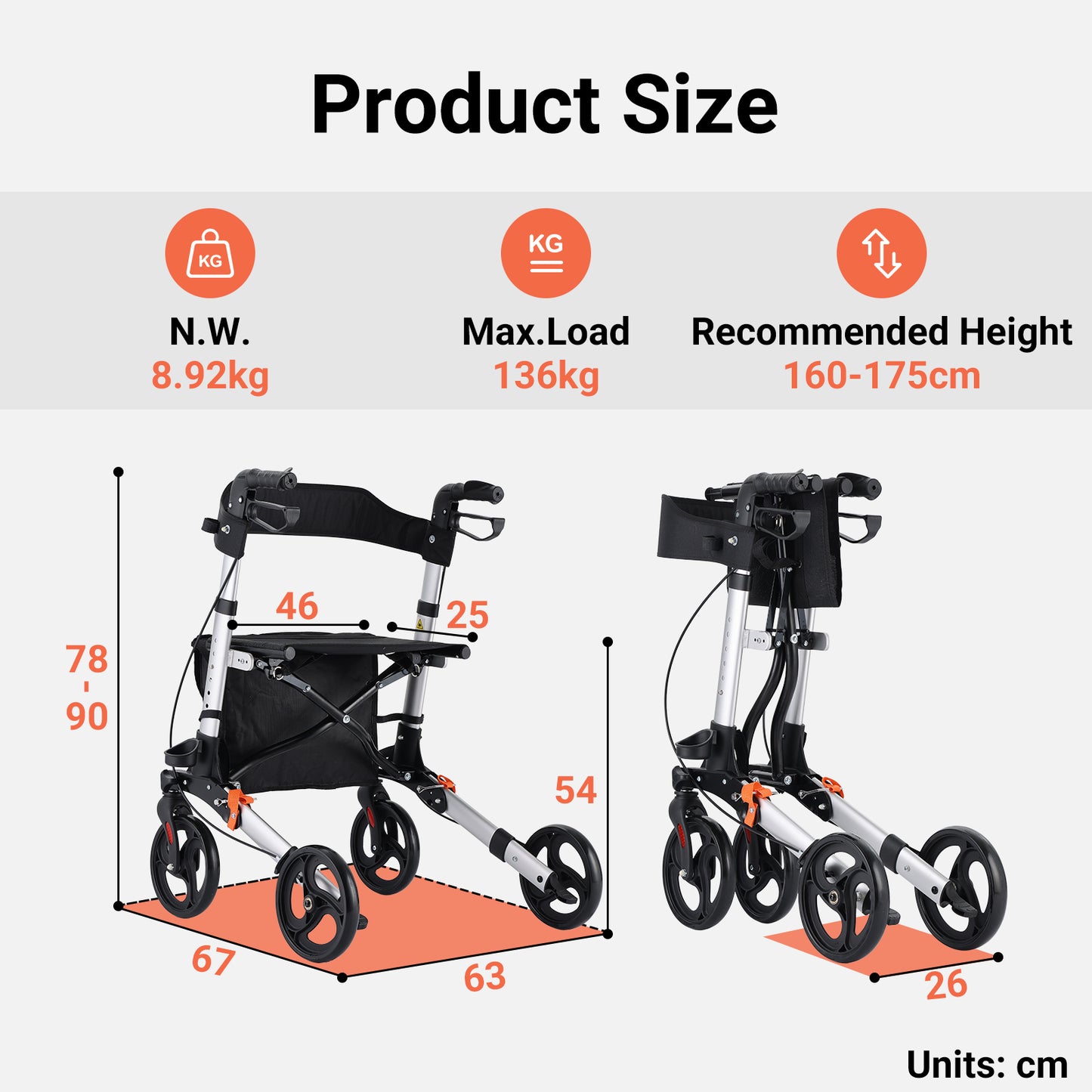Altus 滚动助行器 移动辅助助行器 带座椅垫扶手靠背 Euro Walker 银色
