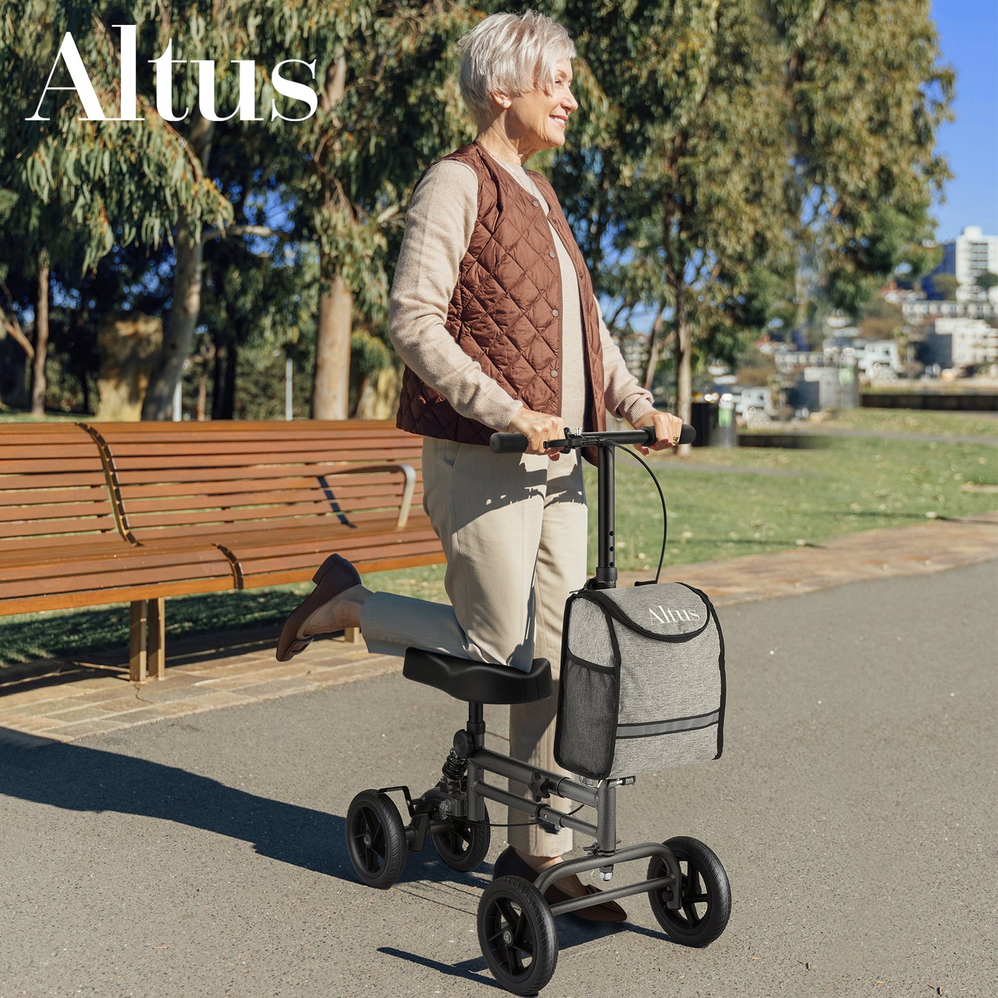 Altus Knee Scooter for elderly or adult women, shown in outdoor use on a footpath, ideal for post-surgery recovery
