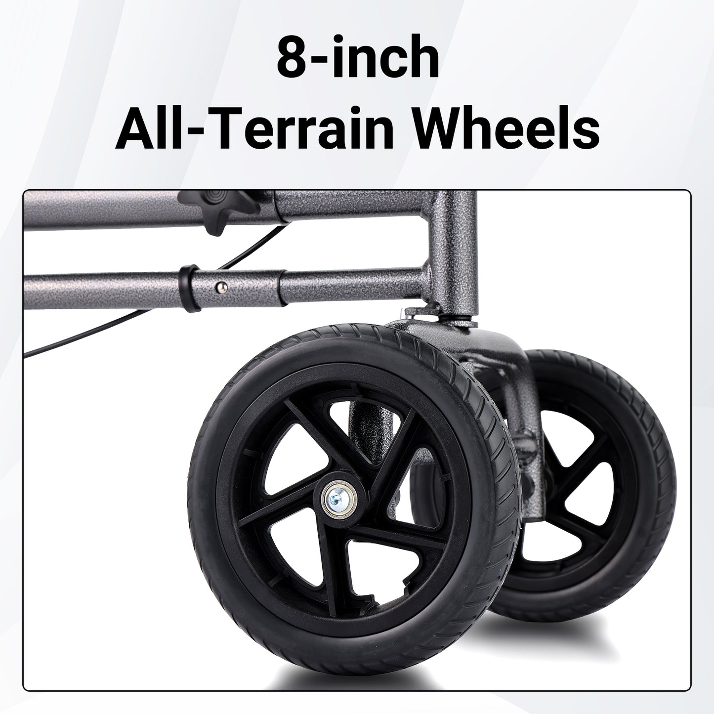 Durable 8-inch all-terrain wheels on the Altus Knee Scooter, suitable for both indoor and outdoor surfaces