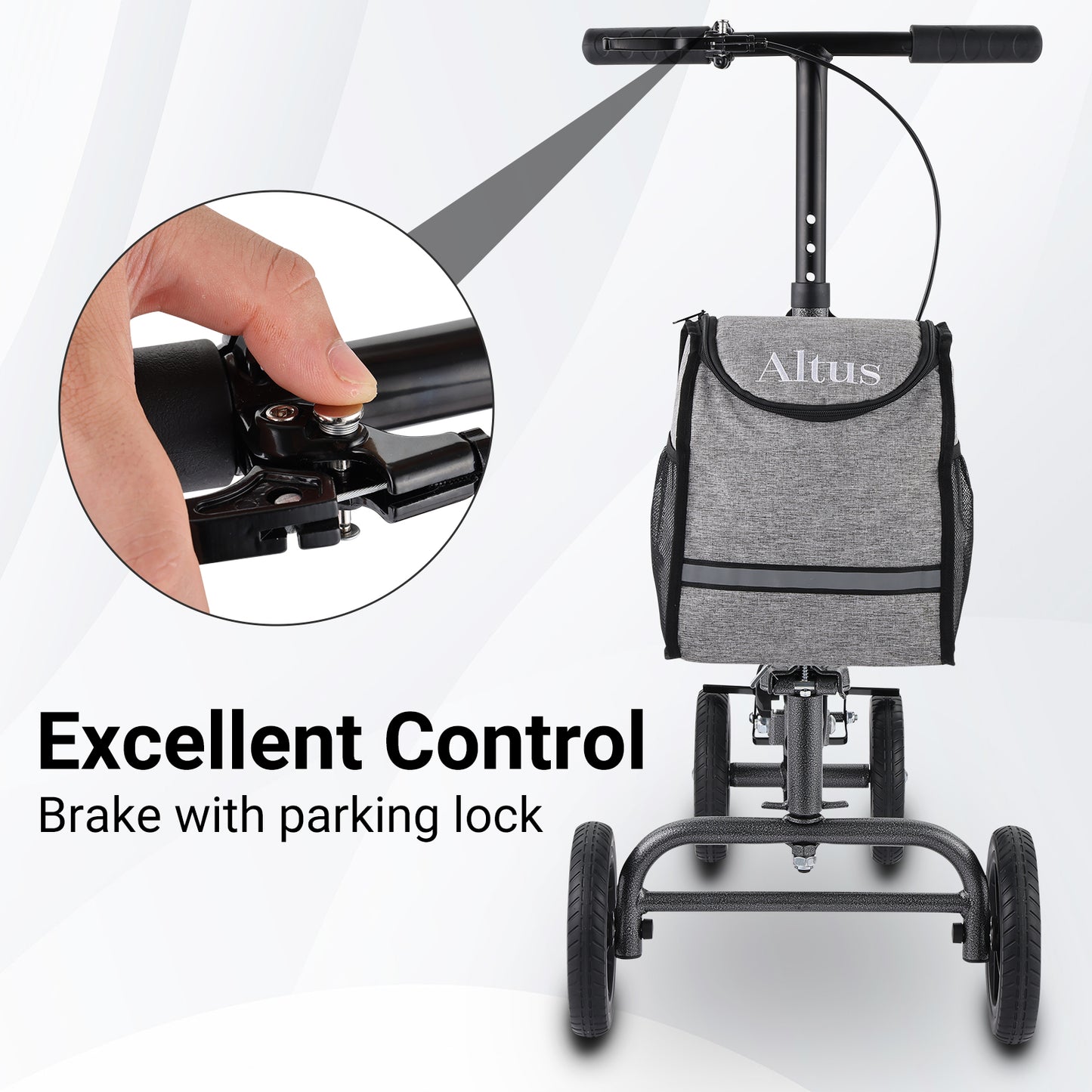 Altus Knee Walker with secure hand brake and parking lock, providing excellent control and safety during use