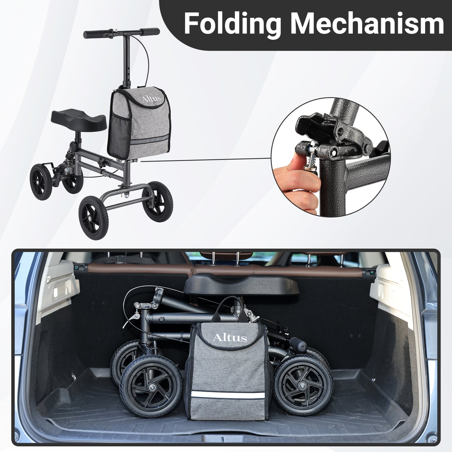 Altus Foldable Knee Walker shown folded and stored in car trunk, lightweight and travel-friendly for easy transport