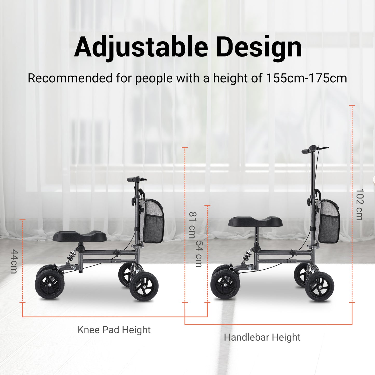Altus Knee Walker adjustable design suitable for users between 155cm to 175cm, customizable handlebar and knee pad height