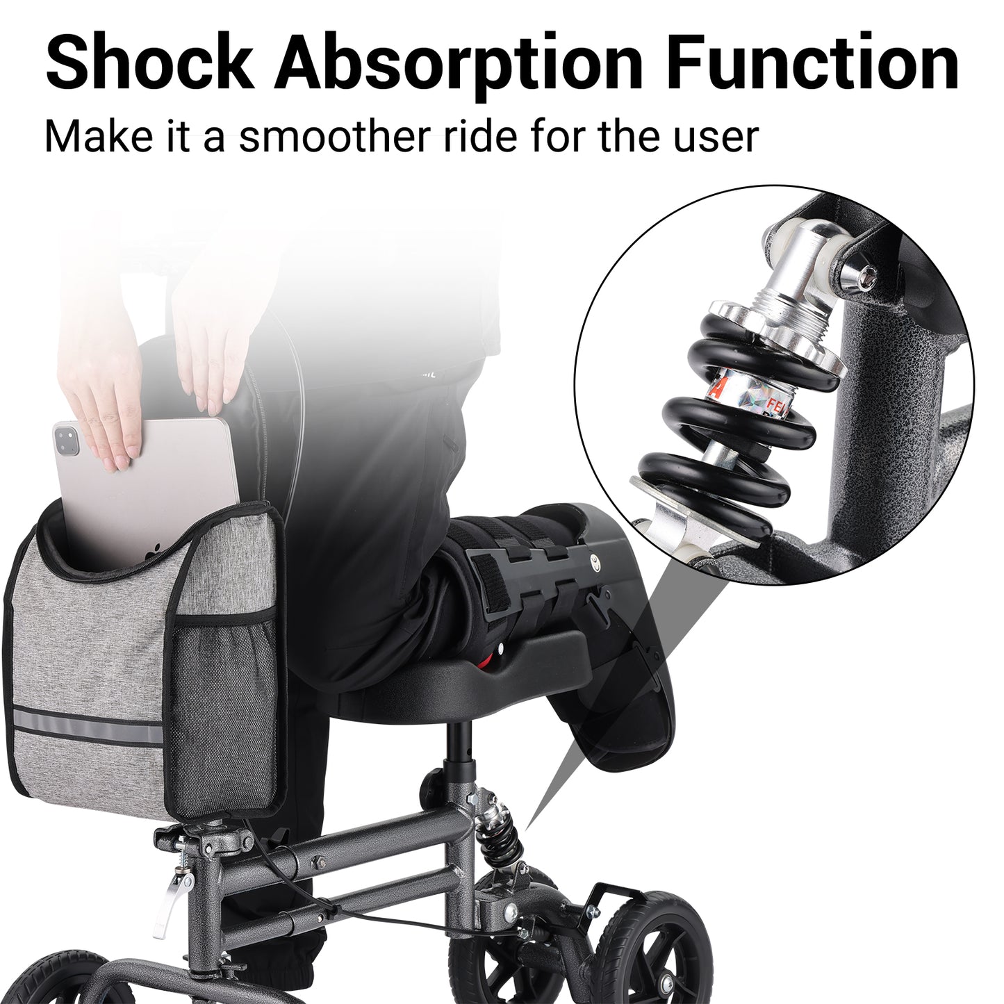 Altus Knee Scooter with built-in suspension shock absorber for a smoother ride, suitable for injury recovery mobility