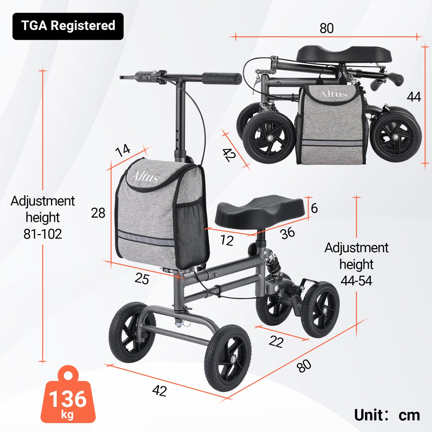 Altus Folding Knee Walker detailed size chart, adjustable handlebar and knee pad height, supports up to 136kg, ideal for adult users