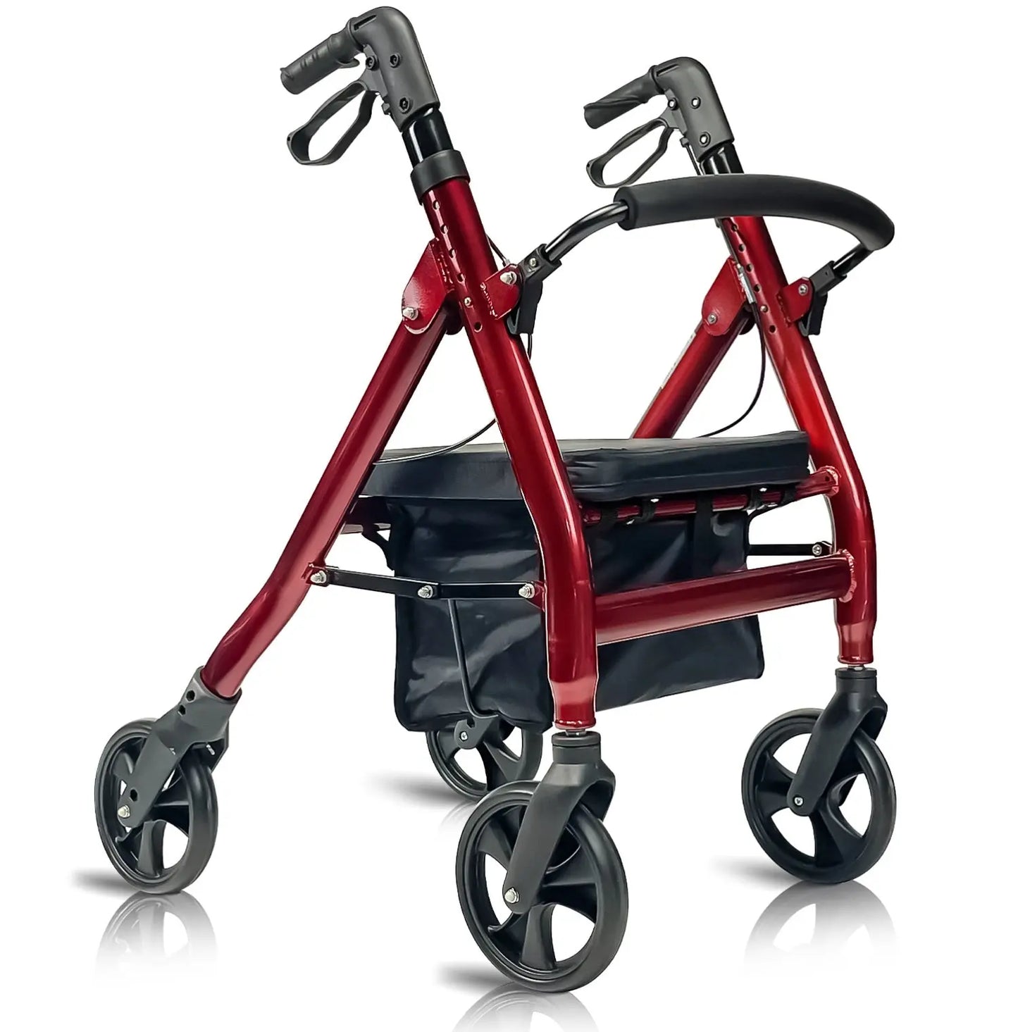 Altus Rollator with a premium burgundy finish, featuring a sturdy frame and comfortable seat with a storage pouch underneath.