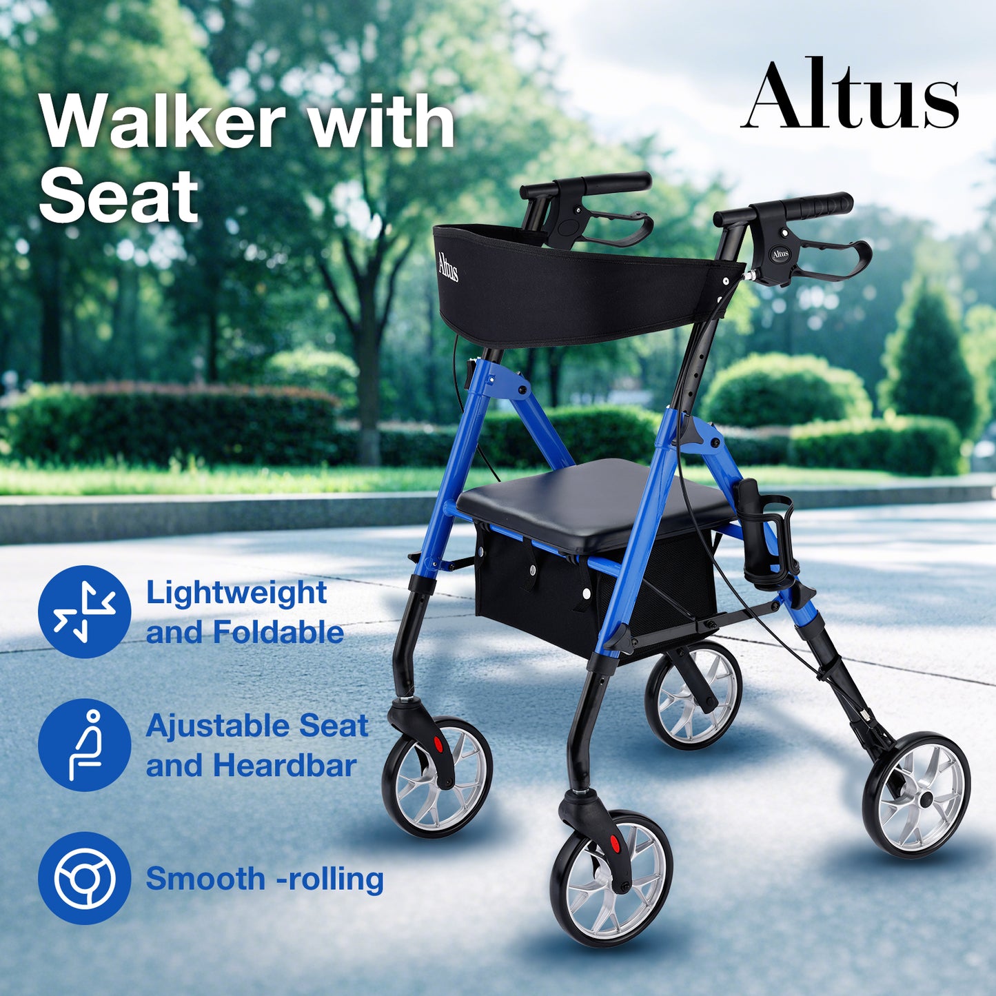 The Altus walker with a seat is displayed in a park setting. It is lightweight and foldable, equipped with an adjustable seat and handlebars, as well as wheels that roll smoothly.