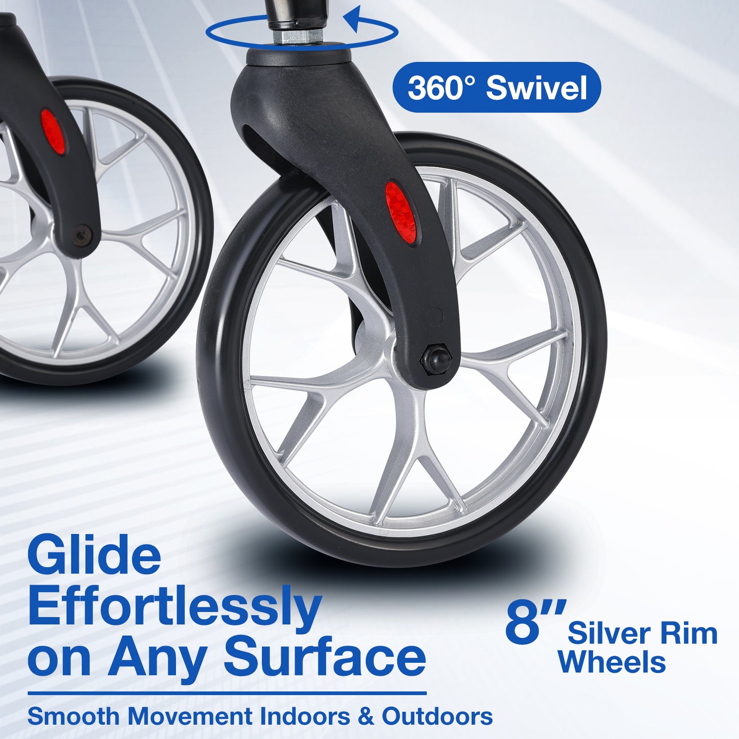A detailed view of the wheels of the Altus walker. The 8-inch silver-rimmed wheels can rotate 360°, allowing for easy gliding on any surface, whether indoors or outdoors.