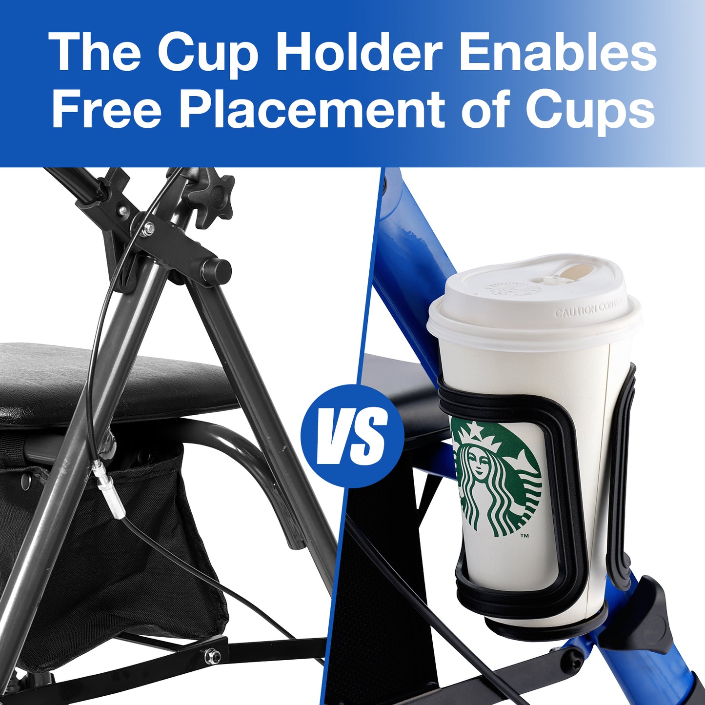 This image compares the Altus walker with and without a cup holder. The cup holder allows for convenient placement of cups, enhancing usability.