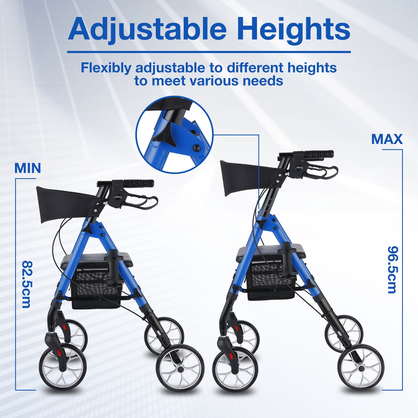 The adjustable height feature of the Altus walker is showcased. It can be flexibly adjusted from 82.5 cm to 96.5 cm to meet various user needs.