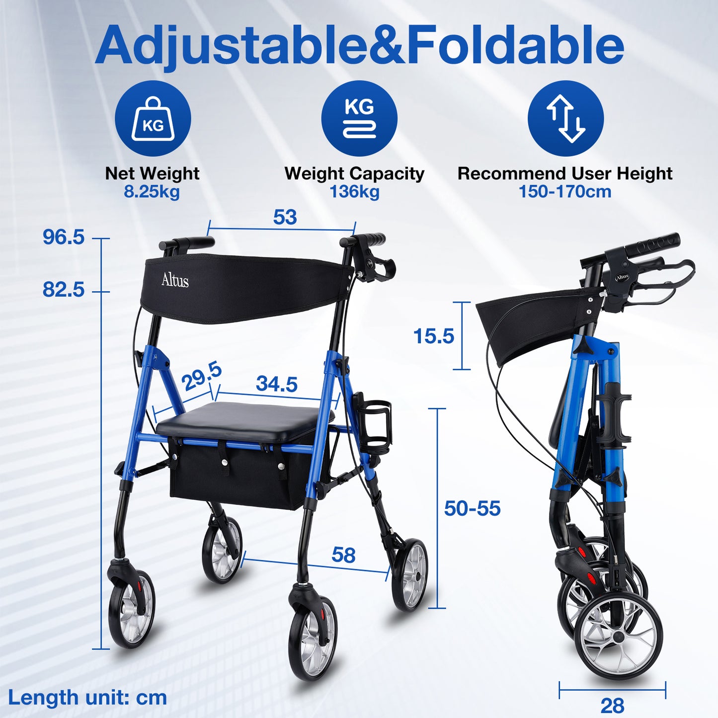 The main specifications of the Altus walker are displayed, including a net weight of 8.25 kg, a weight capacity of 136 kg, and a recommended user height of 150 - 170 cm.