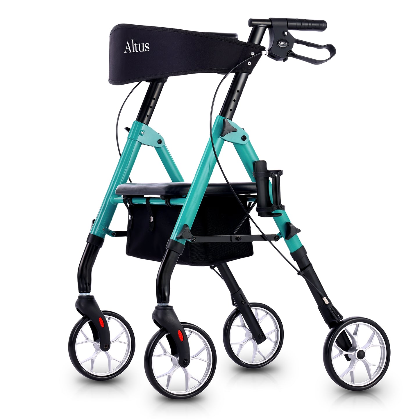 A close-up of the Altus walker with a seat. It has a deep teal frame, a black seat and backrest, four wheels, and hand brakes to ensure safety.