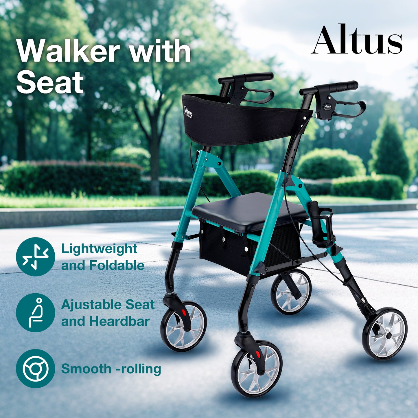 The Altus walker with a seat is displayed in a park setting. It is lightweight and foldable, equipped with an adjustable seat and handlebars, as well as wheels that roll smoothly.