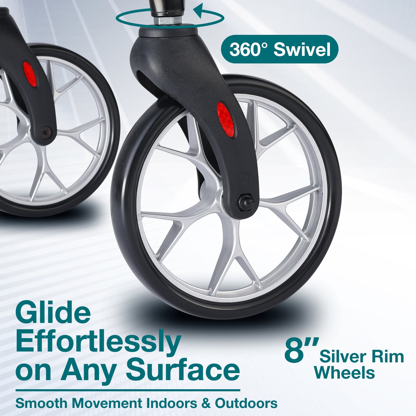 A detailed view of the wheels of the Altus walker. The 8-inch silver-rimmed wheels can rotate 360°, allowing for easy gliding on any surface, whether indoors or outdoors.