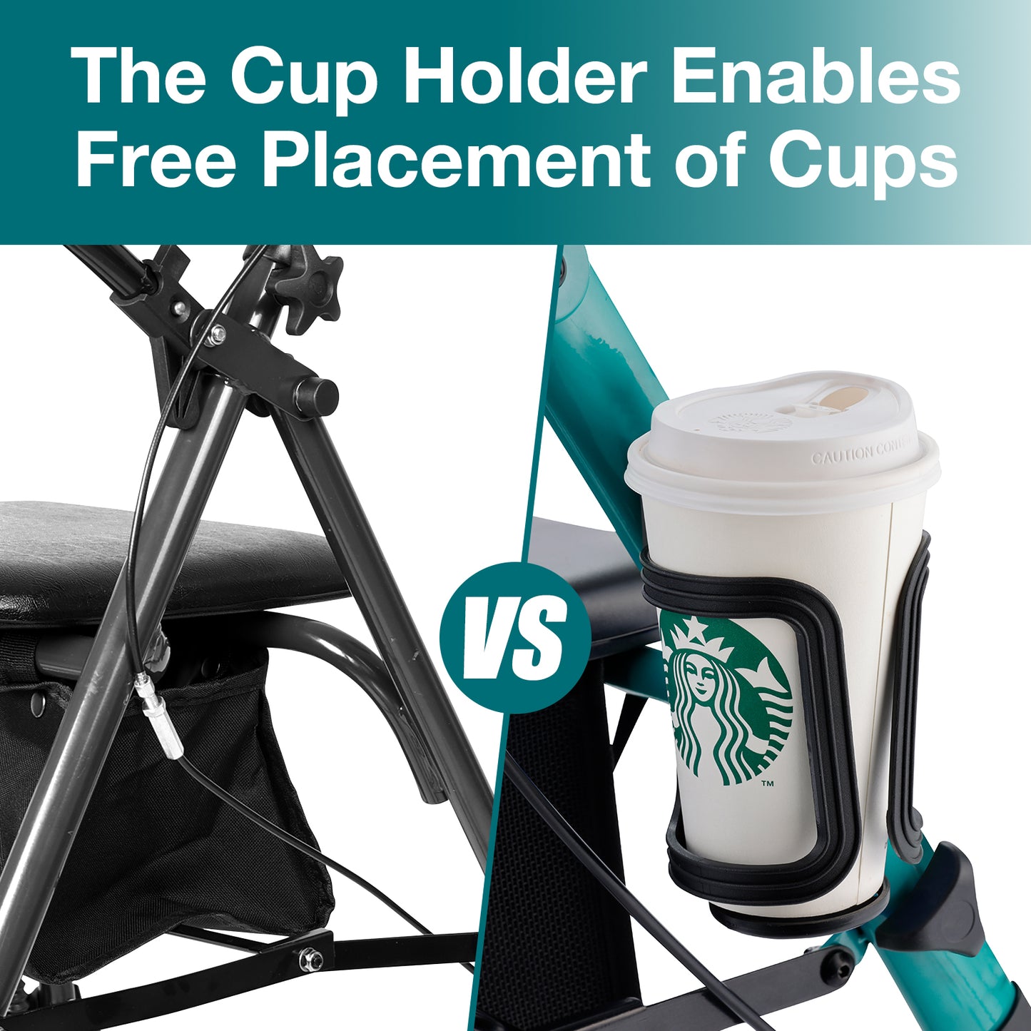 This image compares the Altus walker with and without a cup holder. The cup holder allows for convenient placement of cups, enhancing usability.