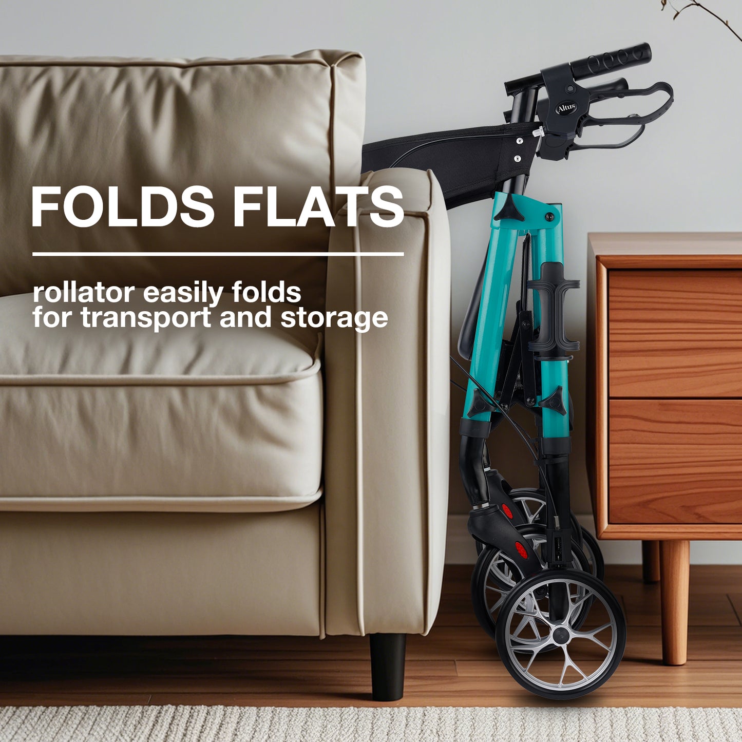 The Altus walker can be folded flat next to a sofa or cabinet. Its easy-fold design is perfect for transportation and storage.