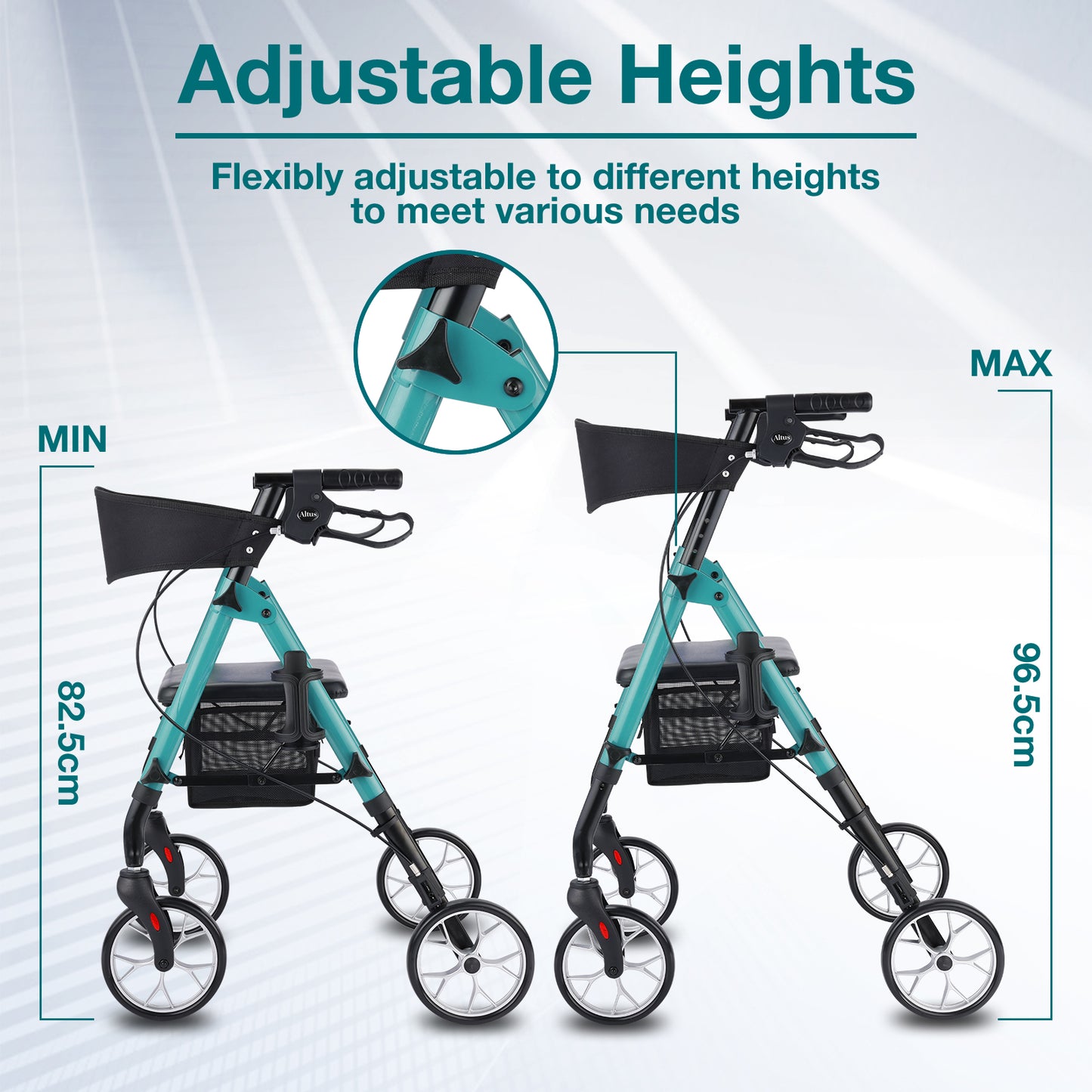The adjustable height feature of the Altus walker is showcased. It can be flexibly adjusted from 82.5 cm to 96.5 cm to meet various user needs.