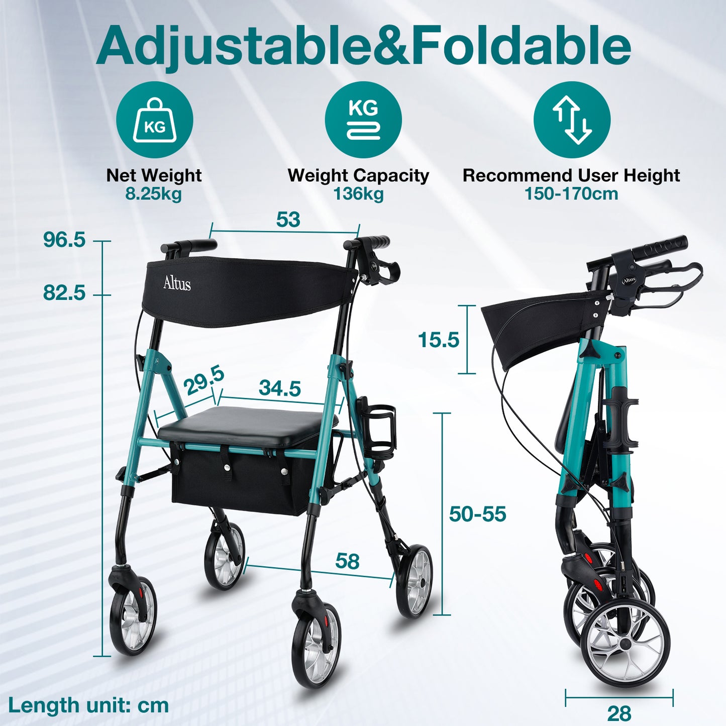 The main specifications of the Altus walker are displayed, including a net weight of 8.25 kg, a weight capacity of 136 kg, and a recommended user height of 150 - 170 cm.