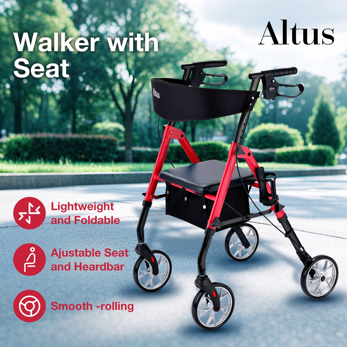 The Altus walker with a seat is displayed in a park setting. It is lightweight and foldable, equipped with an adjustable seat and handlebars, as well as wheels that roll smoothly.
