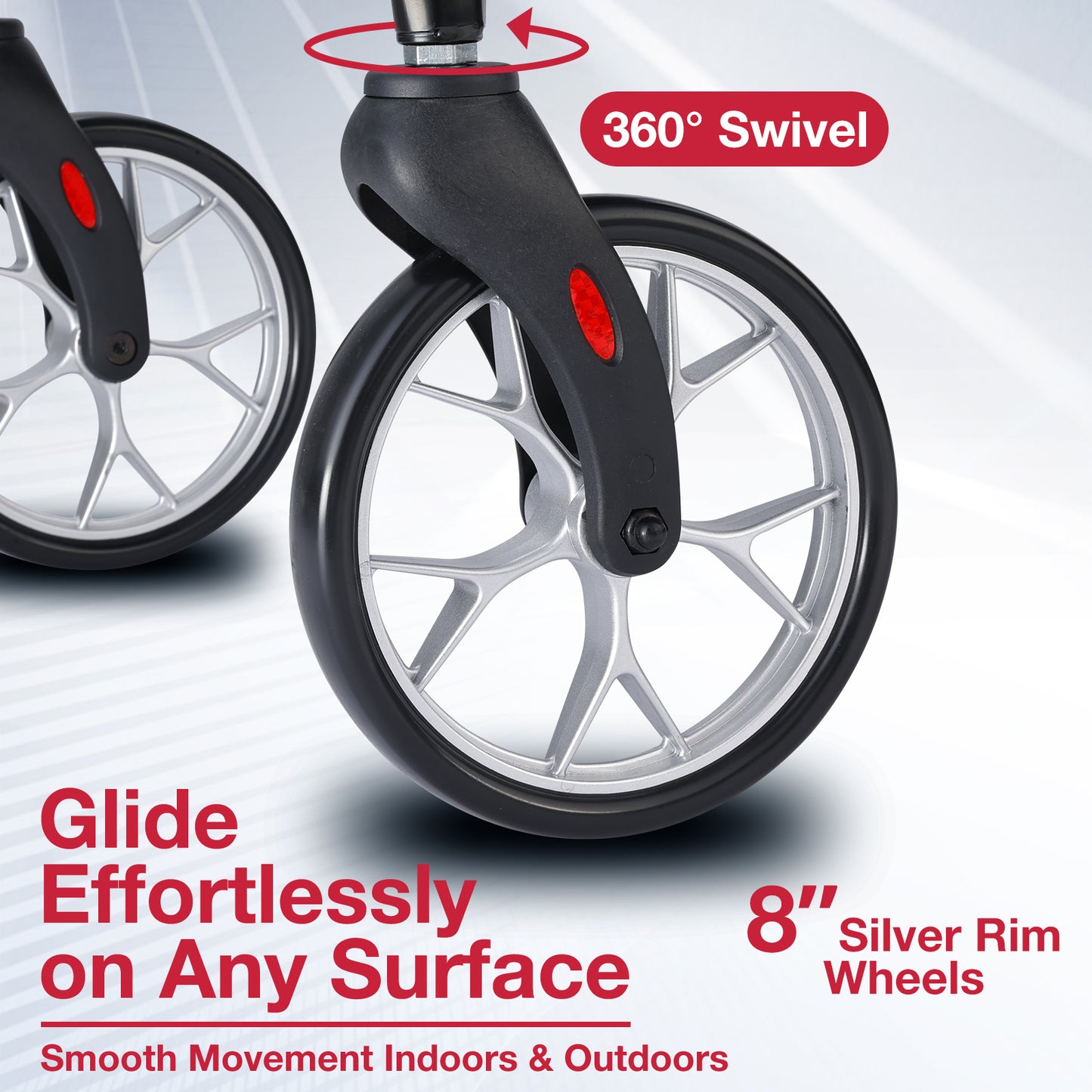 A detailed view of the wheels of the Altus walker. The 8-inch silver-rimmed wheels can rotate 360°, allowing for easy gliding on any surface, whether indoors or outdoors.