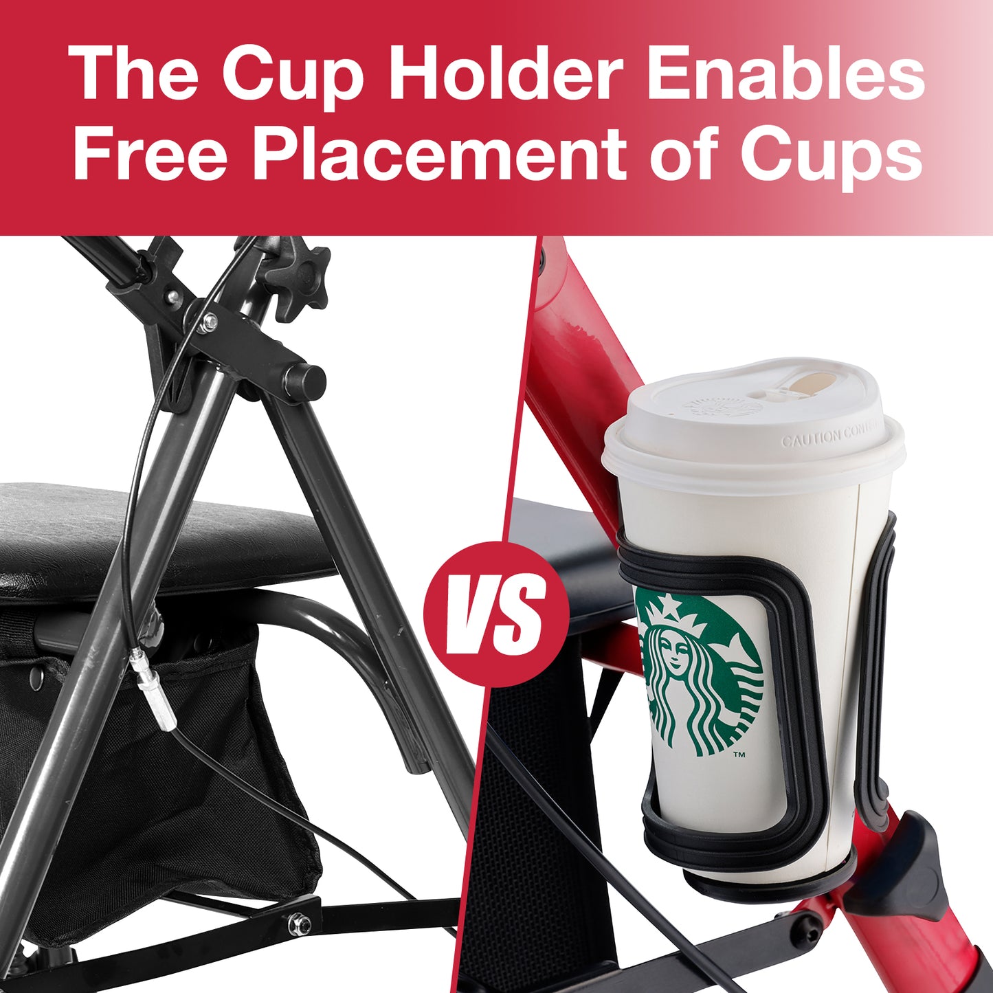 This image compares the Altus walker with and without a cup holder. The cup holder allows for convenient placement of cups, enhancing usability.