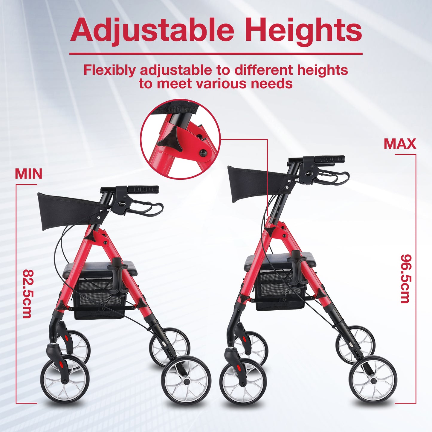 The adjustable height feature of the Altus walker is showcased. It can be flexibly adjusted from 82.5 cm to 96.5 cm to meet various user needs.