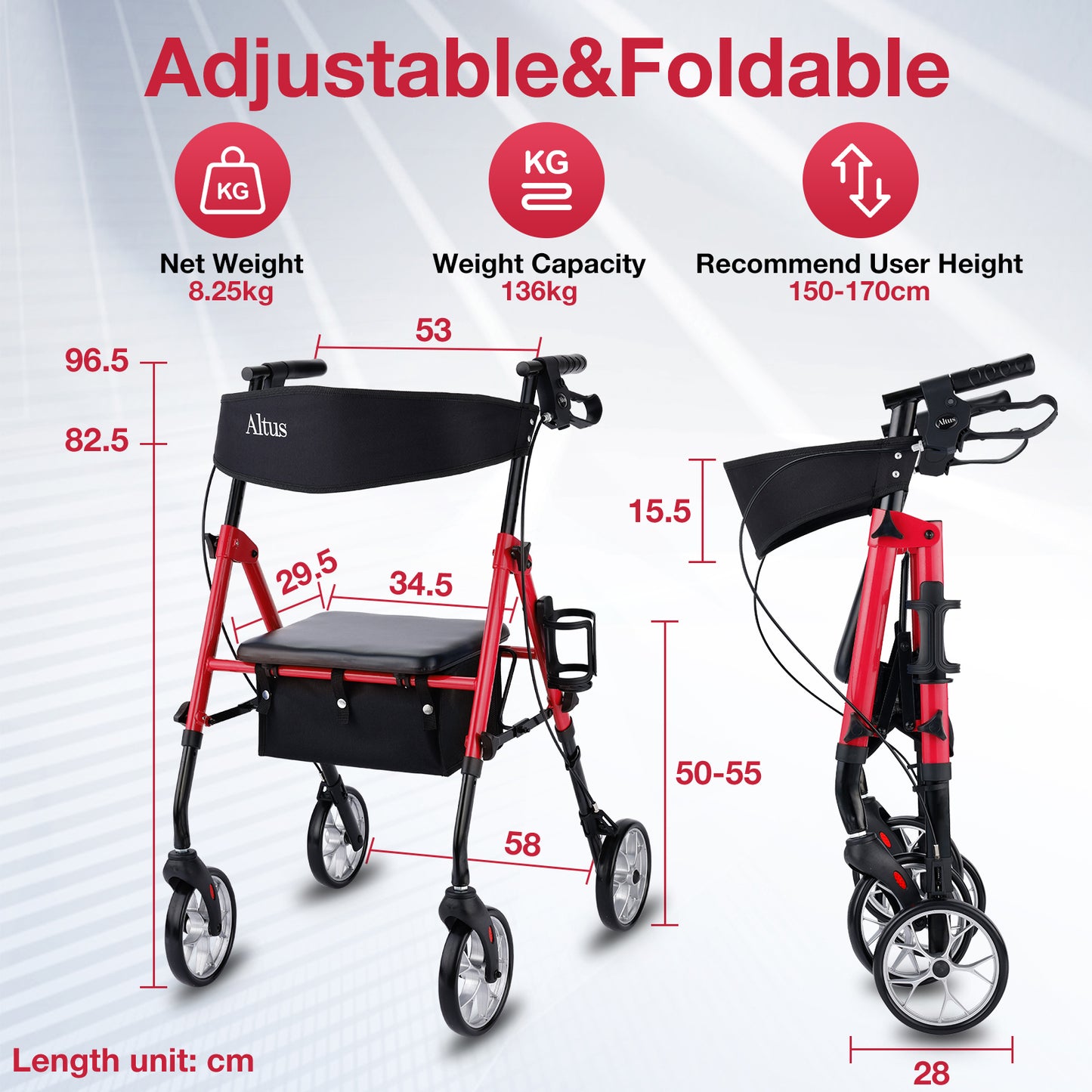 The main specifications of the Altus walker are displayed, including a net weight of 8.25 kg, a weight capacity of 136 kg, and a recommended user height of 150 - 170 cm.