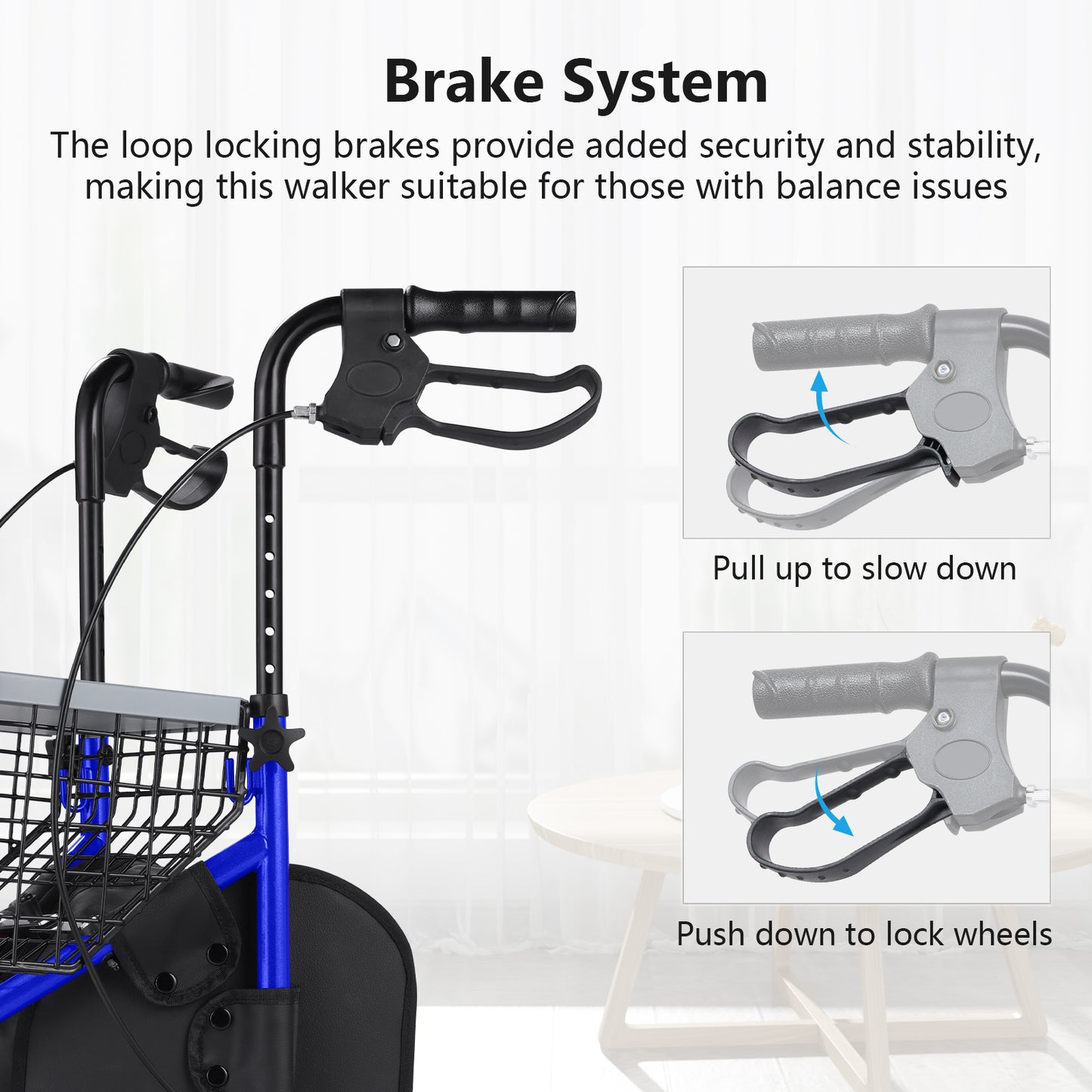 Walker with brake system highlighted, showing how to slow down and lock wheels.