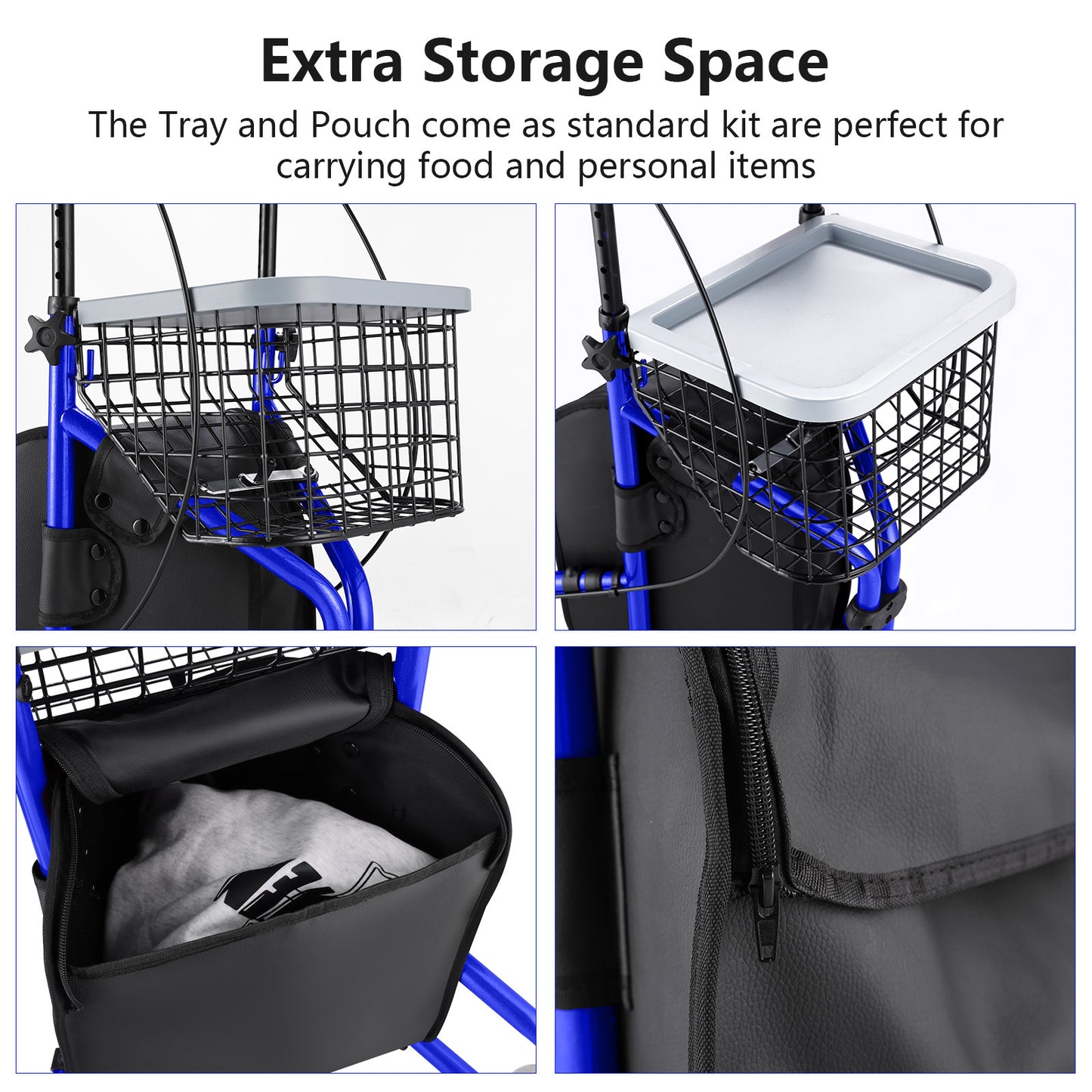 Storage tray and pouches attached to a blue cart with text about extra storage space.