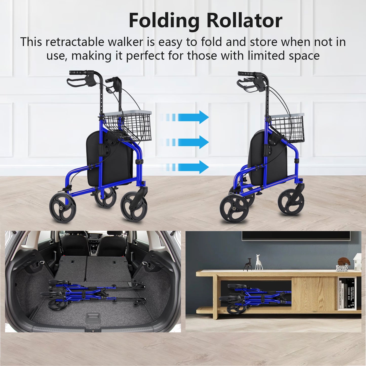 Folding rollator walker with text on a white background