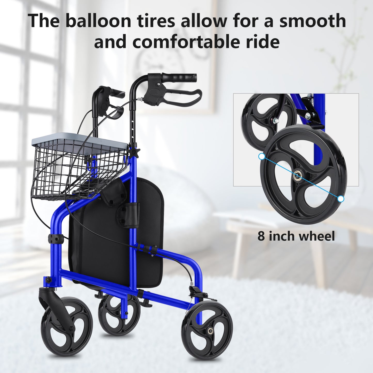 Blue walker with balloon tires and basket, emphasizing smooth and comfortable ride.
