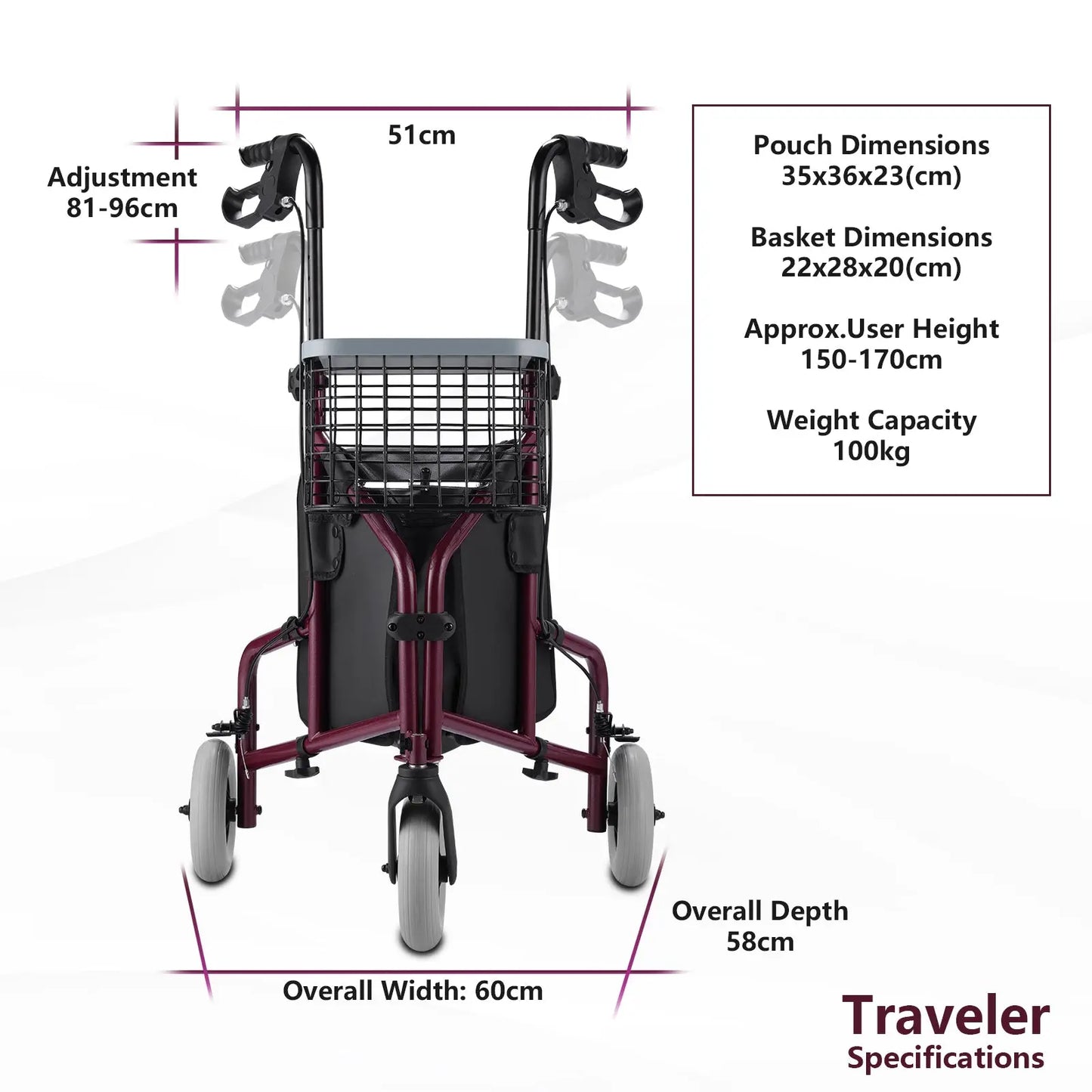 Detailed specifications of the Altus Rolling Walker Mobility Aid Rollator in Burgundy Red. This three-wheel rollator offers height adjustment from 81 to 96 cm, a weight capacity of 100 kg, and includes a pouch, wire basket, and tray for added convenience
