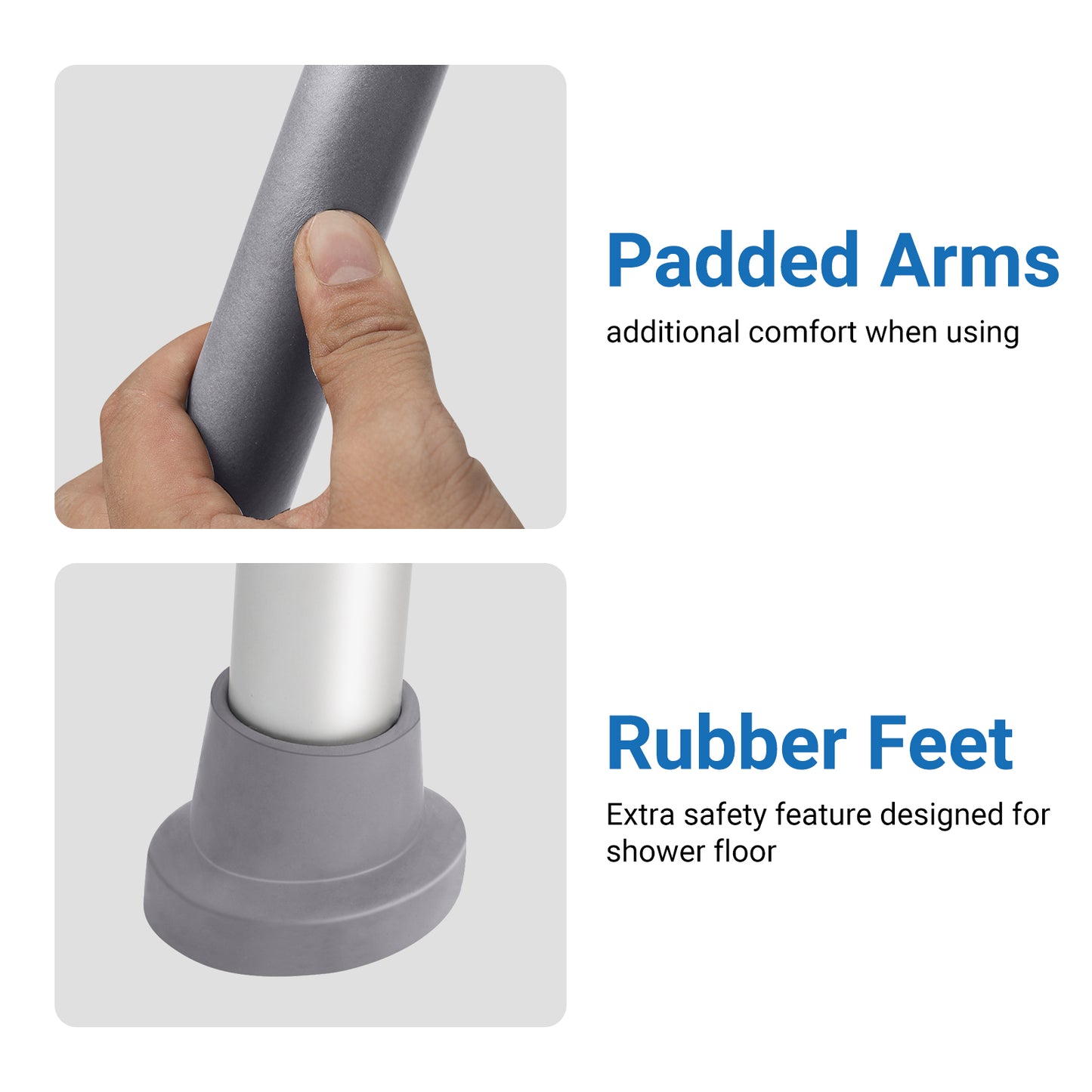 Product features with hand holding a handle and rubber feet on a white background