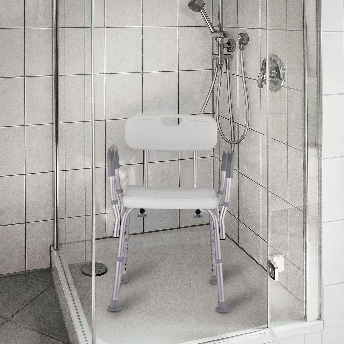Shower chair in a tiled bathroom