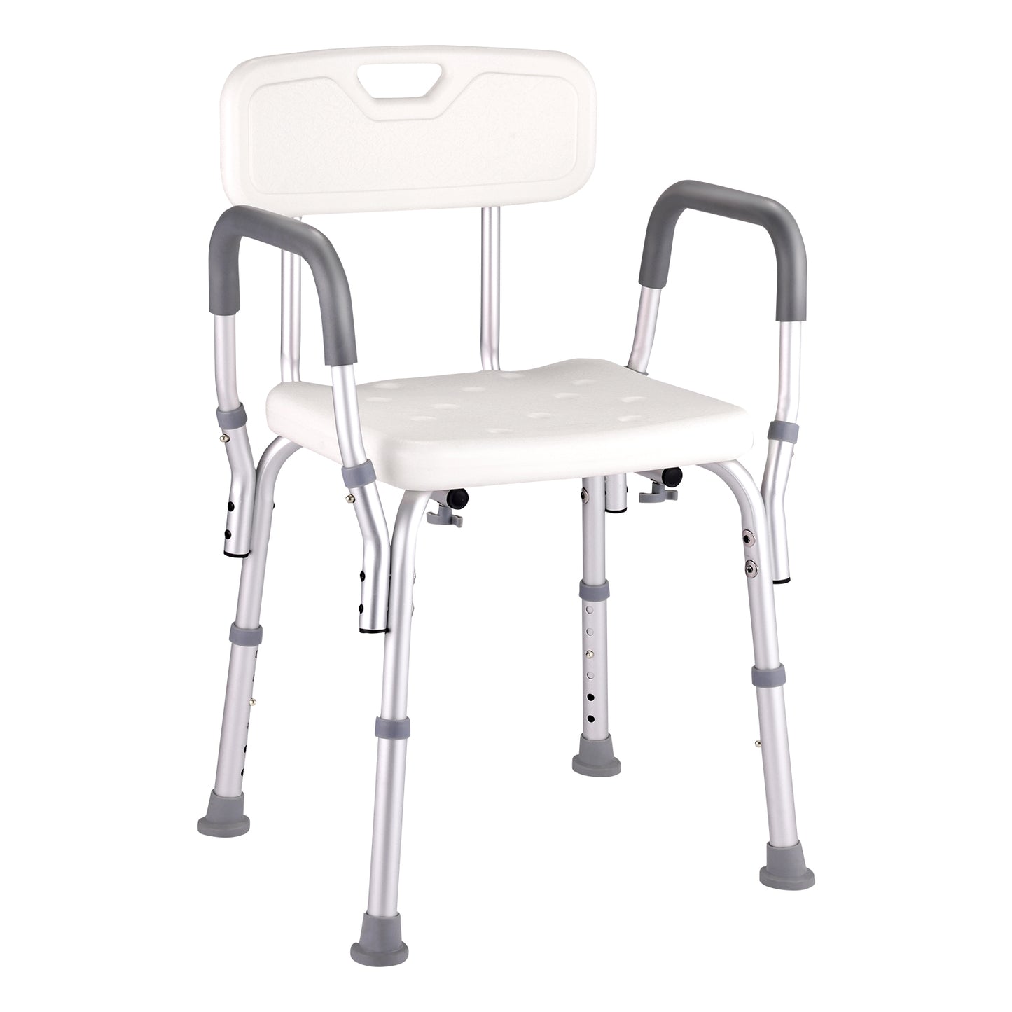 A basic adjustable shower chair with a white backrest and seat, featuring grey metal legs