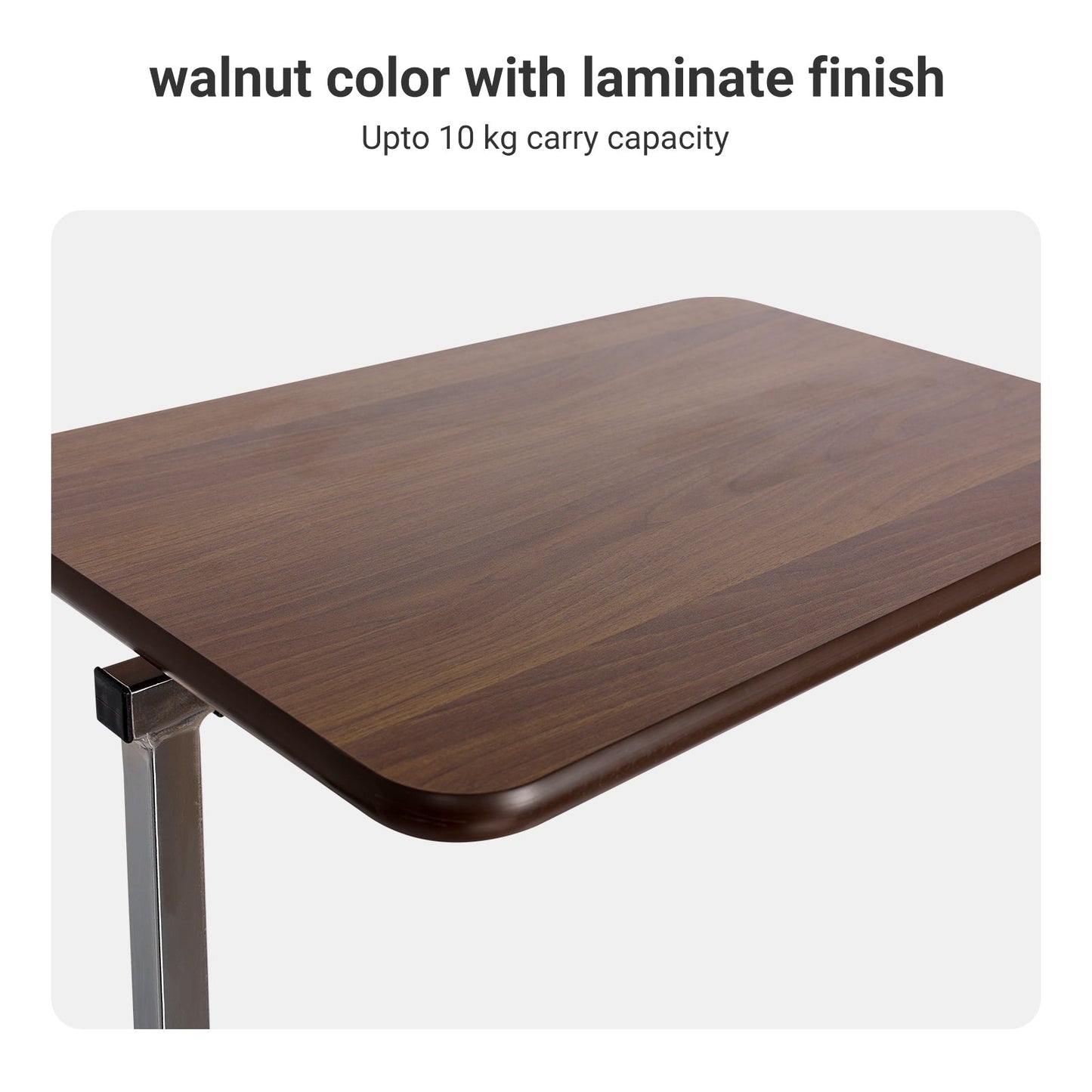 Close-up of the Altus overbed table’s walnut-colored laminate finish, supporting up to 10 kg, showcasing durability and style.