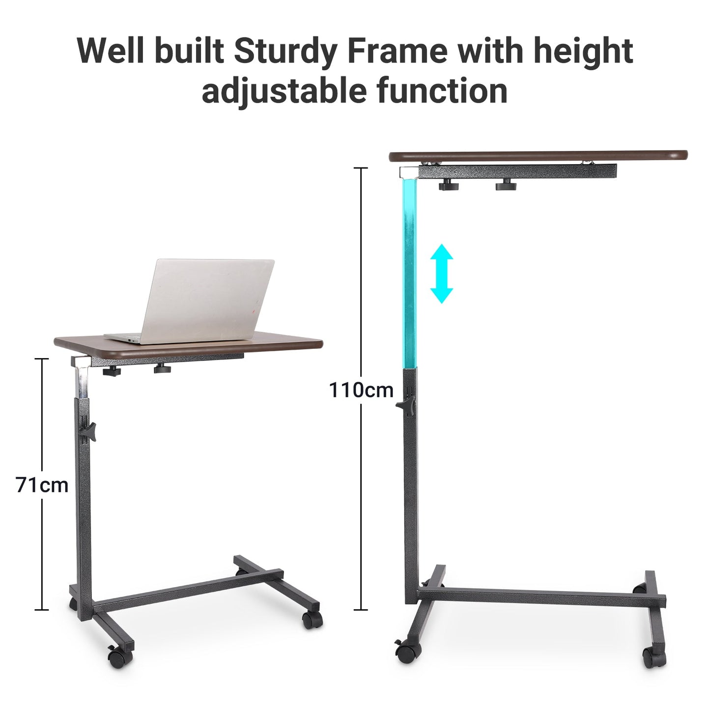 Altus overbed table with a sturdy, height-adjustable frame, showing adjustable range from 71 cm to 110 cm, designed for versatile bedside and home use.