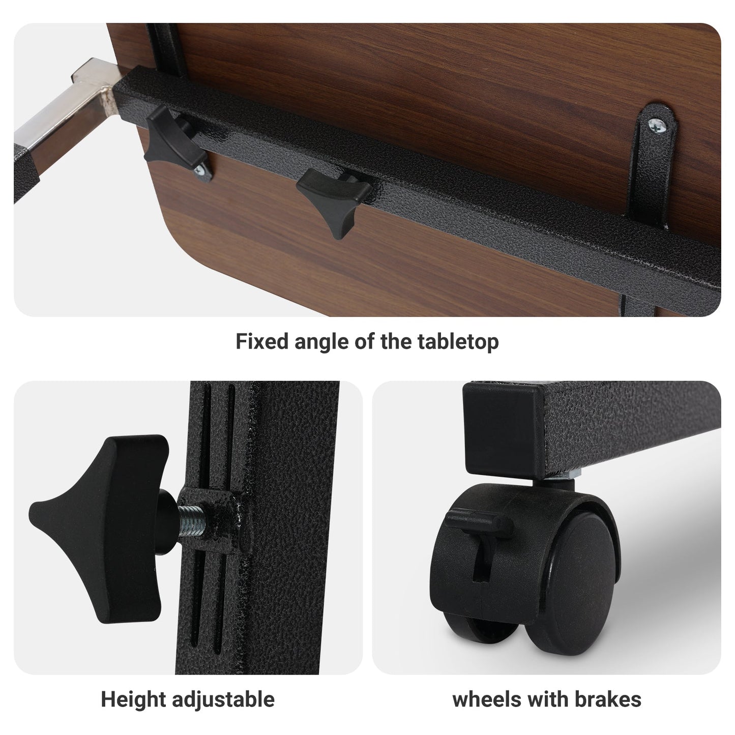 Underside view of the Altus adjustable overbed table with fixed tabletop angle, height adjustment knob, and lockable wheels.
