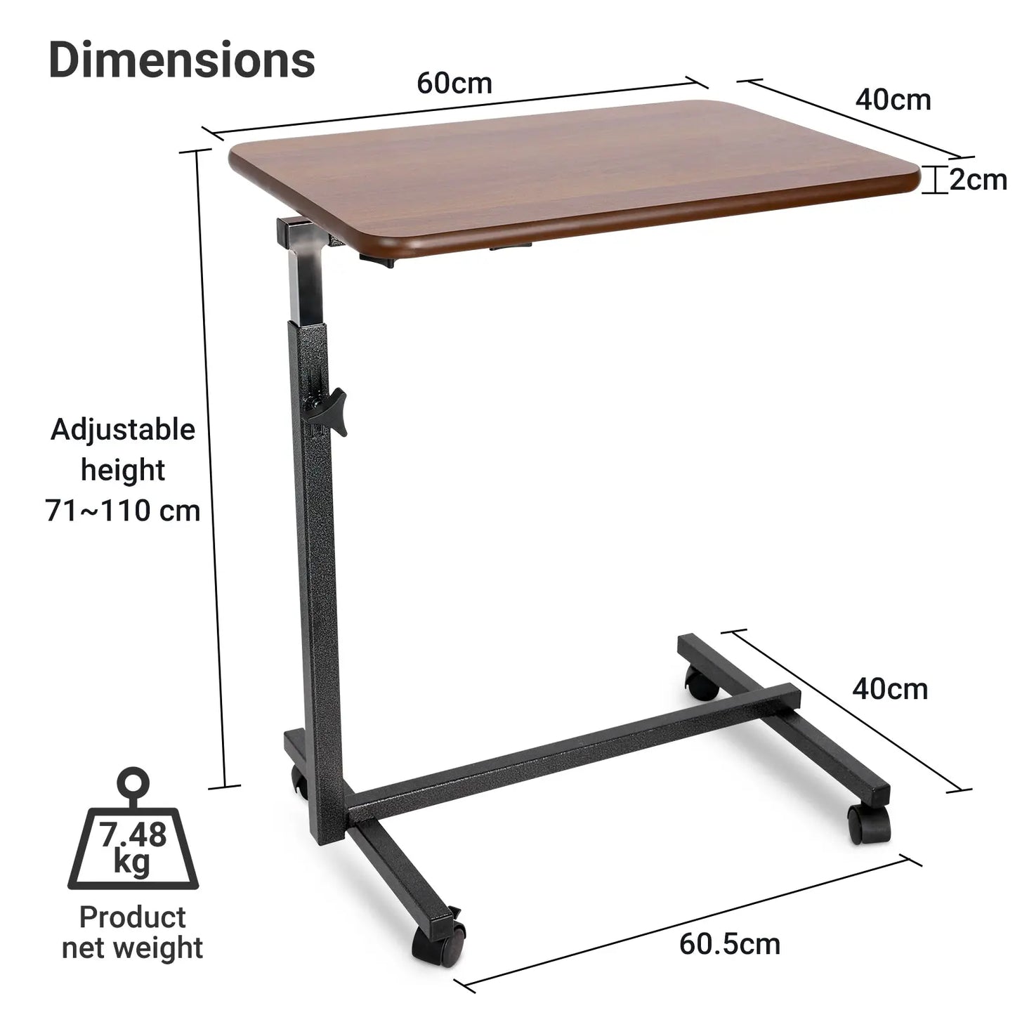 Dimensions of the Altus adjustable overbed table, with 60 x 40 cm tabletop and height adjustment from 71 to 110 cm, suitable for versatile indoor use.