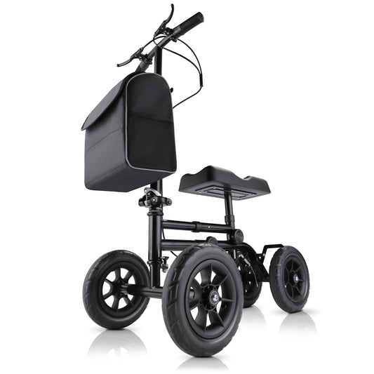 A high-quality image of the Altus knee scooter walker shown from the side. The knee scooter features large 10-inch wheels, a comfortable black knee pad, and a spacious front bag. The design is sleek and sturdy, highlighting the knee scooter's practicality for both indoor and outdoor use.