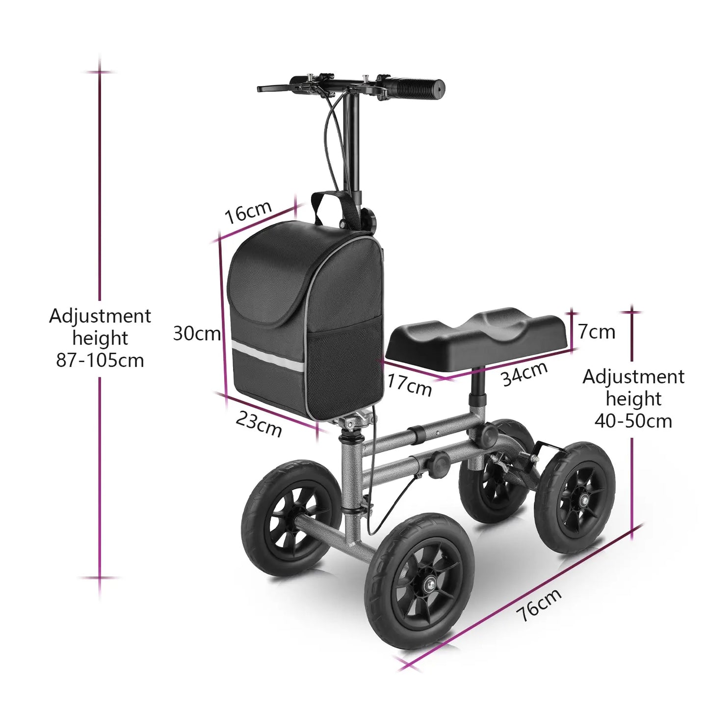 This image highlights the adjustable height feature of the knee scooter, with clear measurements for the handlebars and knee pad. The ability to customize the height ensures maximum comfort and stability for users of different heights. The image underscores the scooter’s adaptability to individual user needs.