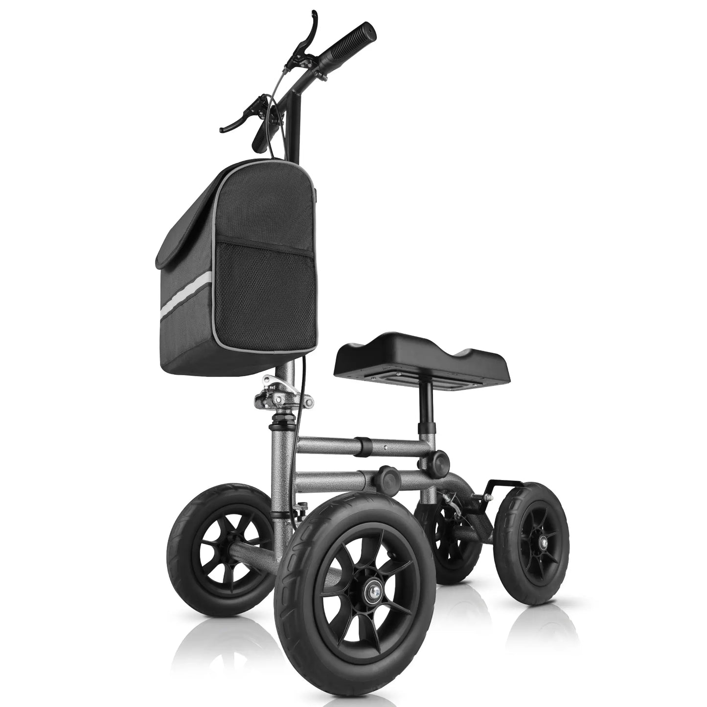 This image displays a detailed measurement guide for the knee scooter. The knee scooter features an adjustable height ranging from 87-105 cm for the handlebars and 40-50 cm for the knee pad. The image also highlights key dimensions: the knee pad is 34 cm long and 17 cm wide, the front bag measures 23 cm x 16 cm x 30 cm, and the overall length of the scooter is 76 cm. This guide ensures the knee scooter fits various user needs and provides ergonomic comfort.