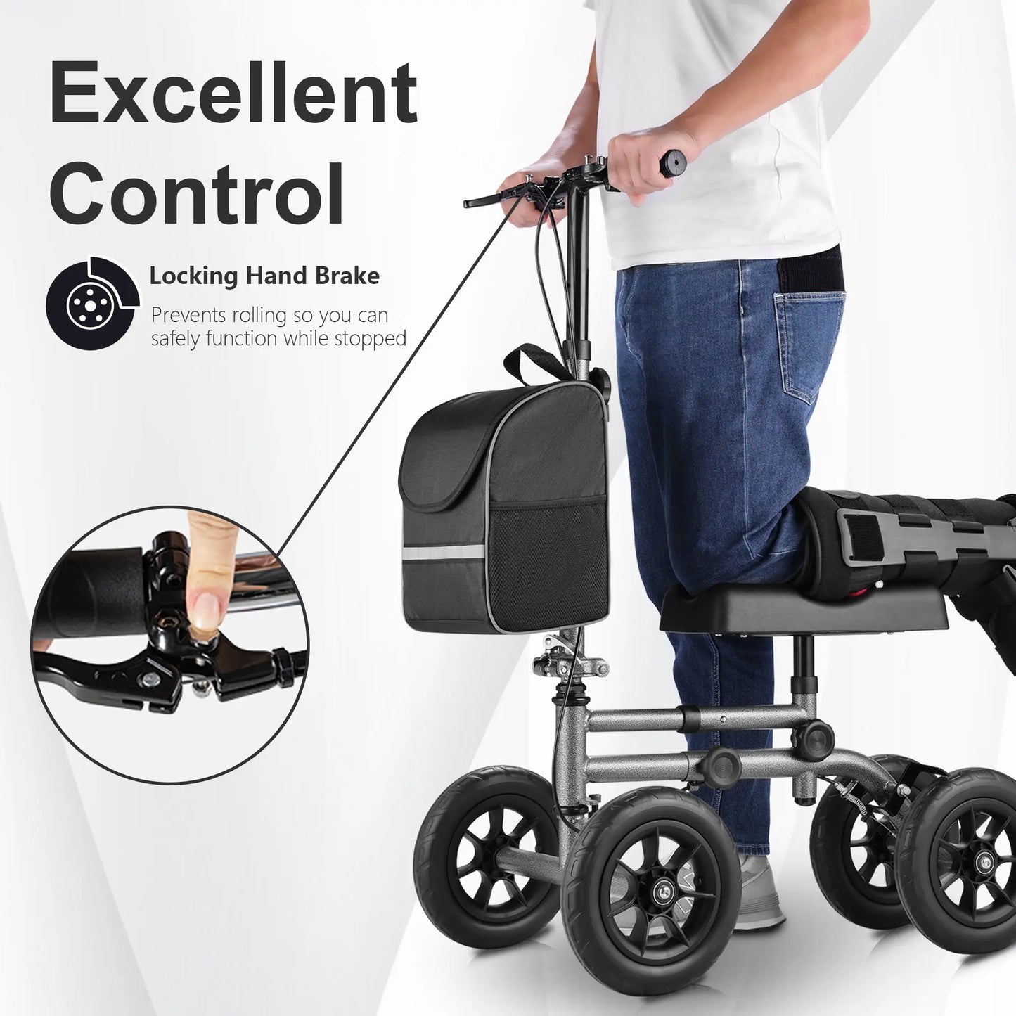 A close-up shot focusing on the knee scooter's locking hand brake system. This feature ensures excellent control and safety, preventing the scooter from rolling away when stationary. The image captures a person using the knee scooter, emphasizing the ease of brake activation and the secure functionality it provides for users.