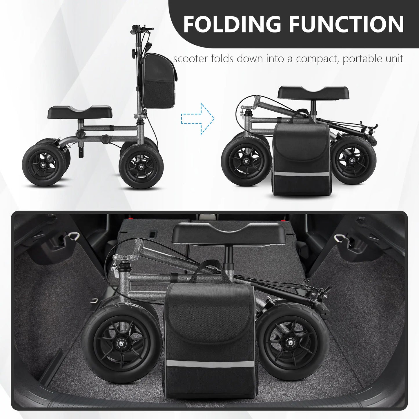 The knee scooter is shown in both its operational and folded states. This image illustrates the compact folding capability, making it easy to store and transport. The folded knee scooter fits neatly into the trunk of a car, demonstrating its convenience for travel and space-saving storage.