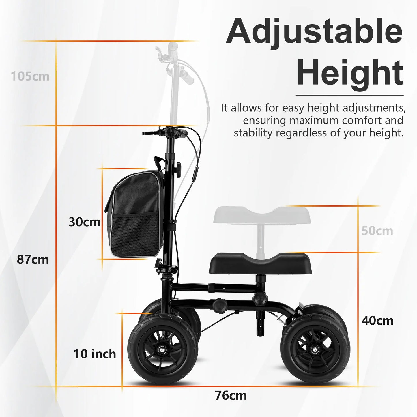 A sleek, black knee scooter is shown from the side, featuring large 10-inch wheels, a comfortable knee pad, and a spacious front bag. The knee scooter is designed for easy maneuverability and stability, making it ideal for individuals recovering from foot or ankle injuries. The image emphasizes the sturdy construction and practical design, showcasing its suitability for both indoor and outdoor use.